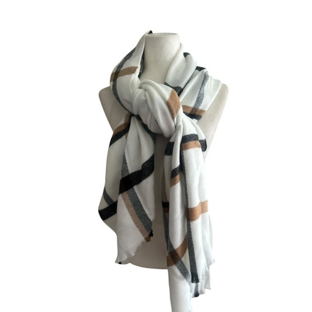 West Loop Womens Scarf Plaid 79"x30" Acrylic Neutral White Brown Black Fringe